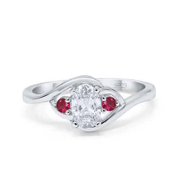 Three Stone Engagement Ring Oval Cut Round Simulated Ruby Cubic Zirconia 925 Sterling Silver